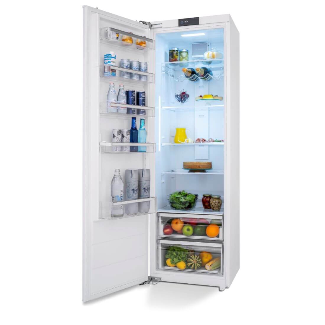 Refrigerador Tecno para Revestir 303 litros 60cm branco embutido com porta aberta mostrando prateleiras e alimentos